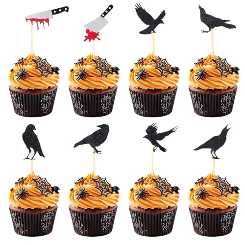 24stk Halloween Cupcake Topper Set, Glitzer Schwarze Krähe und Blutiges Messer Cupcake Picker Vorgefertigte Halloween Kuchendekorationen für Horror Thema Killer Geburtstag Partyzubehör von lasuroa