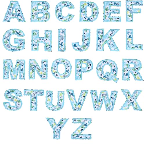 26stk Blumenmuster Bügelbuchstaben-Aufnäher, Bestickt A-Z Alphabet Applikation Aufnähbar Blumen-Buchstaben-Aufkleber für DIY-Kleidung Stoff Hut Jacke Rucksack Bastelbedarf (Blau) von lasuroa