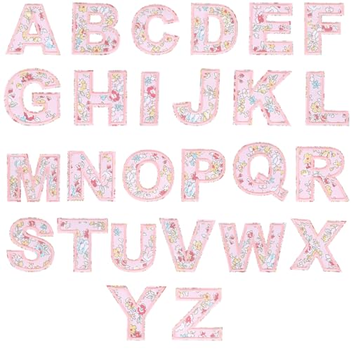 26stk Blumenmuster Bügelbuchstaben-Aufnäher, Bestickt A-Z Alphabet Applikation Aufnähbar Blumen-Buchstaben-Aufkleber für DIY-Kleidung Stoff Hut Jacke Rucksack Bastelbedarf (Rosa) von lasuroa