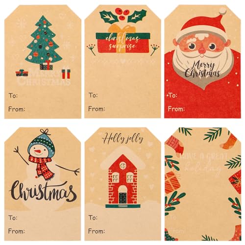 300St Aufkleber Weihnachten, 6 Muster 7,5x5cm Geschenkaufkleber Dekorative Kraftanhänger Weihnachtssticker für Geschenktüte, Partygeschenkbox von lasuroa