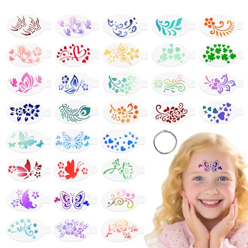 32 Stück Oval Gesichtsbemalungsschablonen, Wiederverwendbar Bodypainting Schablonen mit Ausgehöhltem Muster mit Schlüsselring für Kinder Erwachsene Halloween-Make-up Festivals Partys DIY-Kunst von lasuroa