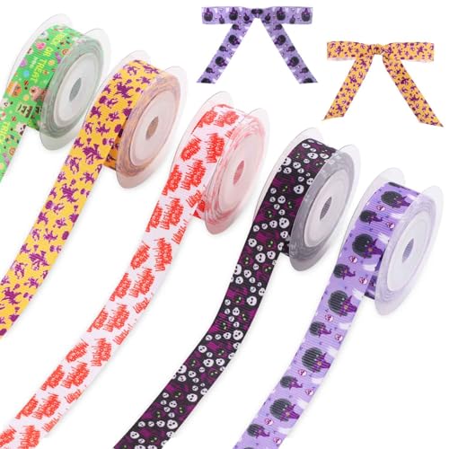 5 Rollen Halloween-Ripsband, Polyester Halloween Geschenkband 4,5m Gesamtlänge Halloween-Band mit Drahtkante Geschenkband für Halloween-DIY-Bastelparty-Dekoration 5 Rollen Halloween-Ripsband, Polyester Halloween Geschenkband 4,5m Gesamtlänge Halloween-Band mit Drahtkante Geschenkband für Halloween-DIY-Bastelparty-Dekoration von lasuroa