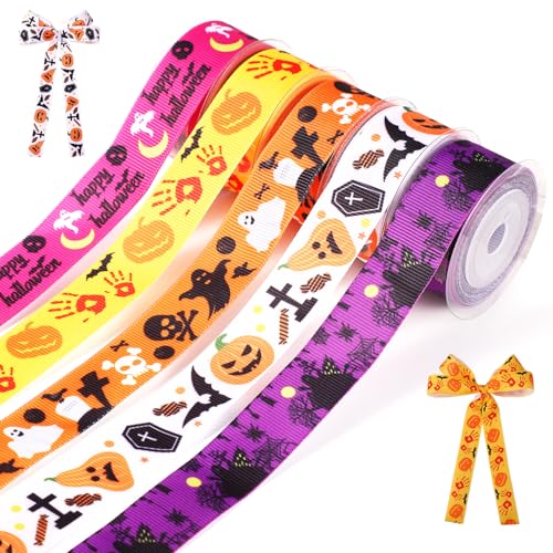 5stk Halloween Geschenkband, Länge 4,5m Breite 2,2cm Halloween-Themen-Buntbandset zum Basteln Halloween Schleifenband Ripsbänder Heimdekorationen für Kürbisgeisterpartys (Horrorthema) von lasuroa