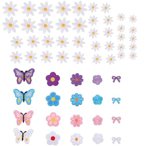 60stk 4 Größen Aufnäher zum Aufbügeln mit Schmetterlingen & Gänseblümchen, Stilvolle Bügelflicken Blumen Polyester bügelflicken für kleidung DIY-Dekorationen für Damenkleidung Hüte Hemden Hosen von lasuroa