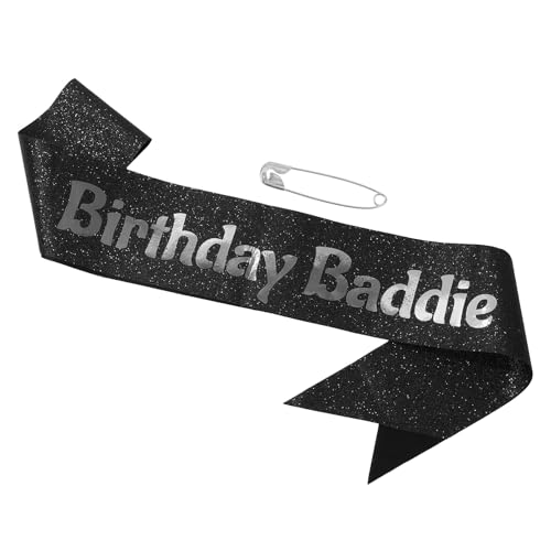 Birthday Baddie Schärpe, Weiche Glitzerschärpe mit Sicherheitsnadel für Damen Herren Partydeko Zubehör (Schwarz & Silber) von lasuroa