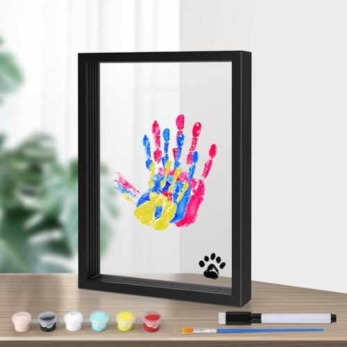 Familien Handabdruck Set, Transparent Familien Handabdruck Baby Fotorahmen Set DIY Bastel Bilderrahmen aus Holz Andenken Geschenke für Frischgebackene Eltern mit 6 Acrylfarben (Schwarz) von lasuroa