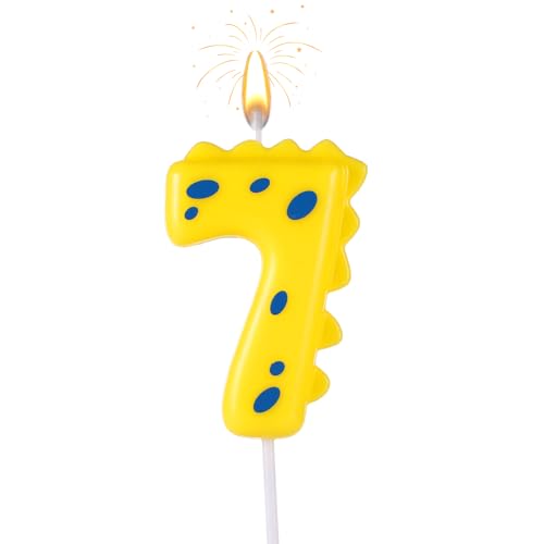 Geburtstag Zahlen Kerzen, 14cm Niedlich Dinosaurier Kerze Happy Birthday-Kuchenaufsatz Dekorationen für Jungen Mädchen Kinder Erwachsene Dino-Themenparty Jubiläum Feier Zubehör (Zahl 7) von lasuroa