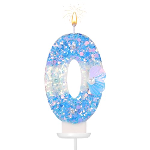 Geburtstag Zahlen Kerzen, 7,5cm Strand-Themen Zahlen Kerzen Glitzer Zahlenkerze Muschel Pailletten 3D Geburtstagskerzen für Torte Nummer Kuchendekoration für Hochzeit Babyparty Party (0) von lasuroa
