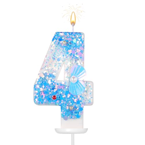 Geburtstag Zahlen Kerzen, 7,5cm Strand-Themen Zahlen Kerzen Glitzer Zahlenkerze Muschel Pailletten 3D Geburtstagskerzen für Torte Nummer Kuchendekoration für Hochzeit Babyparty Party (4) von lasuroa
