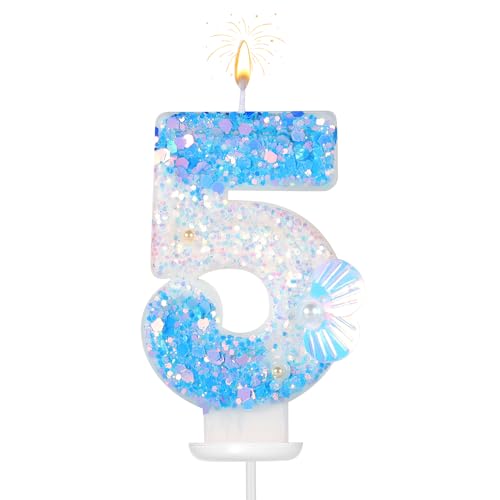 Geburtstag Zahlen Kerzen, 7,5cm Strand-Themen Zahlen Kerzen Glitzer Zahlenkerze Muschel Pailletten 3D Geburtstagskerzen für Torte Nummer Kuchendekoration für Hochzeit Babyparty Party (5) von lasuroa