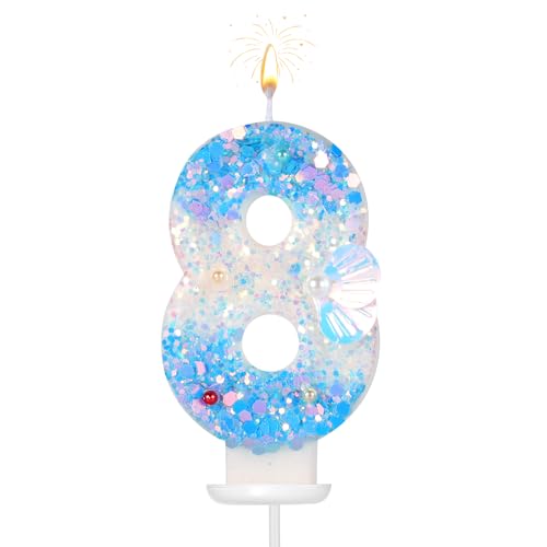 Geburtstag Zahlen Kerzen, 7,5cm Strand-Themen Zahlen Kerzen Glitzer Zahlenkerze Muschel Pailletten 3D Geburtstagskerzen für Torte Nummer Kuchendekoration für Hochzeit Babyparty Party (8) von lasuroa