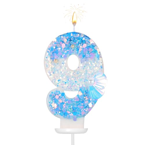 Geburtstag Zahlen Kerzen, 7,5cm Strand-Themen Zahlen Kerzen Glitzer Zahlenkerze Muschel Pailletten 3D Geburtstagskerzen für Torte Nummer Kuchendekoration für Hochzeit Babyparty Party (9) von lasuroa