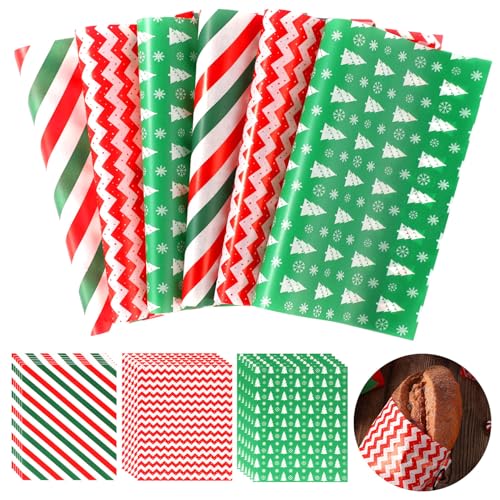 Lasuroa 150stk Wachspapier Weihnachtlich, 3 Stile 25x20cm Fettdichtes Geschenkpapier Lebendasmittel Verpackungspapier Wachspapier für Lebensmittel für Lebensmittel in der Küche (Rot und Grün) von lasuroa