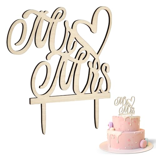 Mr and Mrs Cake Topper, 14,2 x 12,8cm, Elegant Tortenaufsatz Hochzeit Holz Schild Mr & Mrs Schild für Hochzeitstorte Tortenaufsatz Verlobung Partyzubehör für Hochzeiten Kuchendekoration von lasuroa