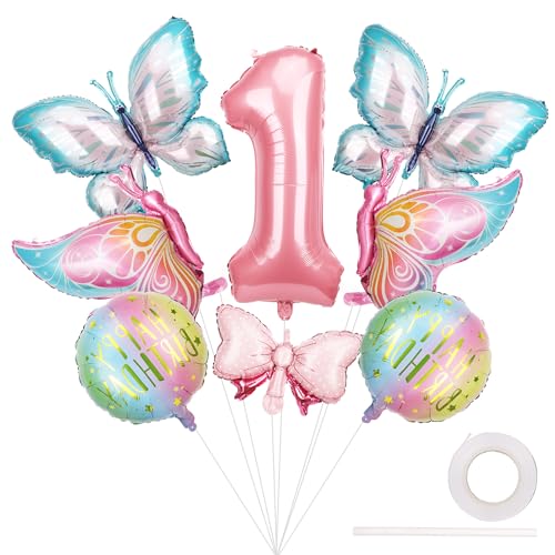 Nummer 1 Geburtstagsdekorationen, Riesig Schmetterlingsballons Rund Alles Gute zum Geburtstag Bogen Folienballons Schmetterlingsthema Partydekorationen für Den Kindergeburtstag von Mädchen von lasuroa