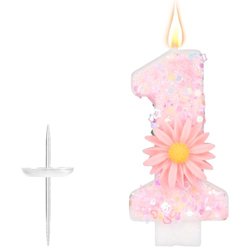 Rosa Zahlen-Geburtstagskerze, 7,2cm Glitzer Gänseblümchen Funkelnd Zahlenkerze Tortenaufsatz Dekoration Ideal für Mädchengeburtstage Partys Babypartys und Jubiläen Geschenke (1) von lasuroa