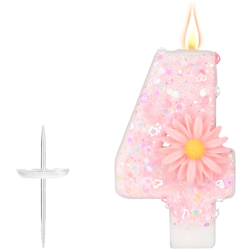 Rosa Zahlen-Geburtstagskerze, 7,2cm Glitzer Gänseblümchen Funkelnd Zahlenkerze Tortenaufsatz Dekoration Ideal für Mädchengeburtstage Partys Babypartys und Jubiläen Geschenke (4) von lasuroa