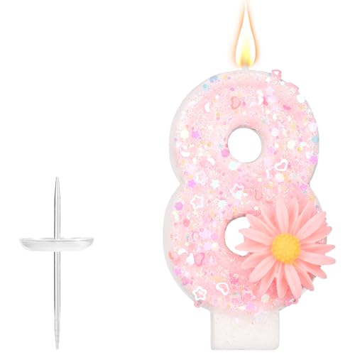 Rosa Zahlen-Geburtstagskerze, 7,2cm Glitzer Gänseblümchen Funkelnd Zahlenkerze Tortenaufsatz Dekoration Ideal für Mädchengeburtstage Partys Babypartys und Jubiläen Geschenke (8) von lasuroa