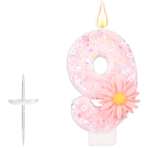Rosa Zahlen-Geburtstagskerze, 7,2cm Glitzer Gänseblümchen Funkelnd Zahlenkerze Tortenaufsatz Dekoration Ideal für Mädchengeburtstage Partys Babypartys und Jubiläen Geschenke (9) von lasuroa