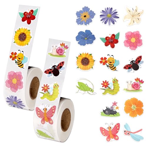 lasuroa 1000 Stück/2 Rollen Frühlingsaufkleber, Blumenaufkleber Schmetterlings Selbstklebende Etiketten für Umschläge Karten Wasserflaschen Sammelalben Bastelarbeiten Partygeschenke Schulbelohnungen von lasuroa