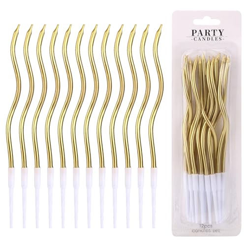 lasuroa 12stk Spiral-Kerzen für Kuchen, Gedrehte Dünne Lange Geburtstagskerzen mit Halter für Party, Hochzeit, Jubiläum, Cupcake-Deko (Gold) von lasuroa