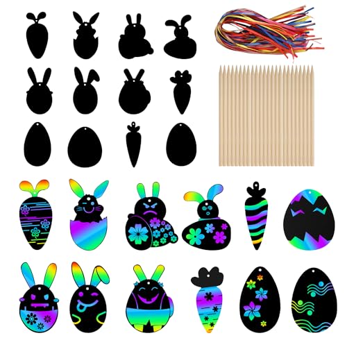 lasuroa 48-Teiliges Ostern Kratzbilder Set, Kratzbilder Kinder mit Holzstäben und Bunten Bändern, Lustig Regenbogen Kratz Kunst Oster-Bastelset für Kinder Jugendliche Oster-Partygeschenke von lasuroa