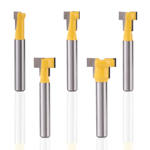 lasuroa 5stk Schlüssellochfräser, T Schlitzfräser Bit Set 1/4-Zoll-Schaft mit Klingendurchmesser 5/16 3/8 7/16 1/2 5/8 Zoll T-Schienenfräser für die Holzbearbeitung Nutfräser von lasuroa