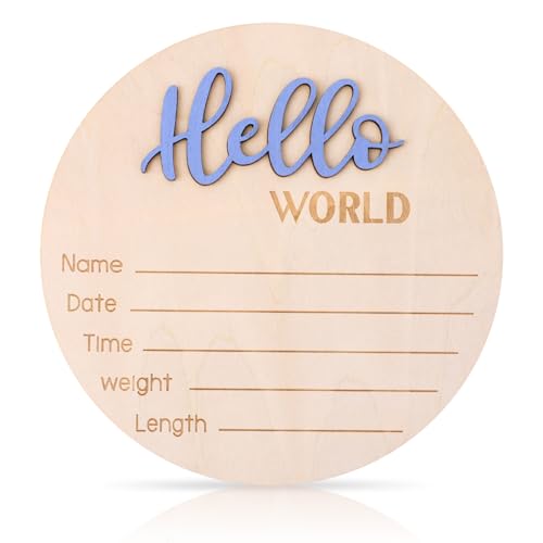 Baby Ankündigungsschild, 15cm Holzschild Hello World Willkommensschild für Neugeborene Geburtsanzeige mit Namensschild für Krankenhaus & Kinderzimmer (Blaukaschmir) von lasuroa