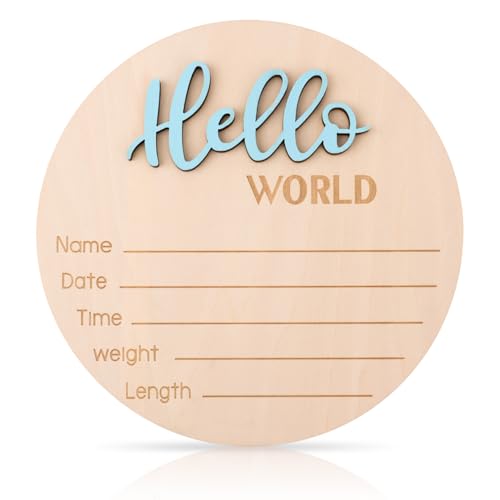 lasuroa Baby Ankündigungsschild, 15cm Holzschild Hello World Willkommensschild für Neugeborene Geburtsanzeige mit Namensschild für Krankenhaus & Kinderzimmer (Fluoreszierendes Blau) von lasuroa