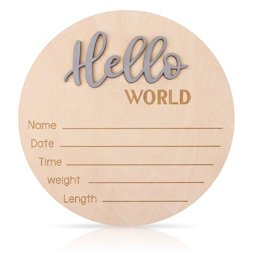 lasuroa Baby Ankündigungsschild, 15cm Holzschild Hello World Willkommensschild für Neugeborene Geburtsanzeige mit Namensschild für Krankenhaus & Kinderzimmer (Grau) von lasuroa