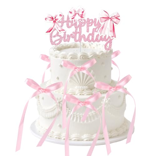 lasuroa Happy Birthday-Kuchenaufsatz in Rosa, Kokette Schleifenbänder Kuchendekorationen für Prinzessinnen Babyparty Braut- und Junggesellinnenabschiedszubehör von lasuroa