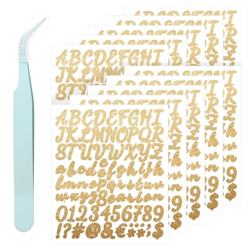 Buchstaben Aufkleber, 10 Blätter Goldene Glänzende Klebebuchstaben mit Pinzette, Wetterfeste Selbstklebende Buchstaben Sticker für Hochzeit, Geburtstag, Tür, Briefkasten, DIY von laveroar