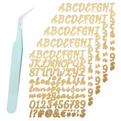 Buchstaben Aufkleber, 5 Blätter Goldene Glänzende Klebebuchstaben mit Pinzette, Wetterfeste Selbstklebende Buchstaben Sticker für Hochzeit, Geburtstag, Tür, Briefkasten, DIY von laveroar