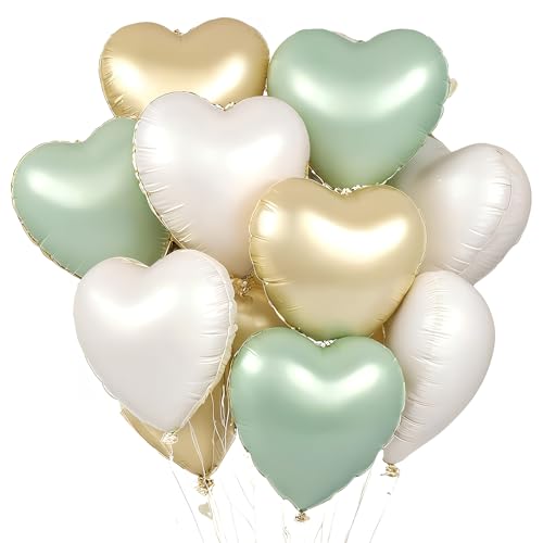 Herz Folienballons 12er Set (45 cm / 18 Zoll) in 3 Farben: Beige, Grün, Golden – Heliumgeeignete Deko für Hochzeit, Geburtstag, Valentinstag & Muttertag von laveroar
