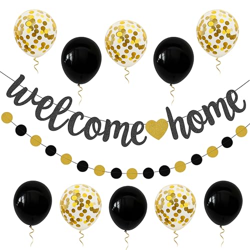 laveroar Willkommen Home Dekorationen - Schwarz & Gold Glitter Welcome Home Banner mit Luftballons und Kreis Girlande - Willkommen zurück Banner Set für Homecoming Party Supplies laveroar Willkommen Home Dekorationen - Schwarz & Gold Glitter Welcome Home Banner mit Luftballons und Kreis Girlande - Willkommen zurück Banner Set für Homecoming Party Supplies von laveroar