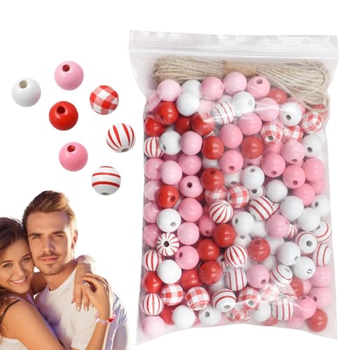 laxreheye Valentinstag-Armbandperlen, Holzperlen zum Valentinstag | 200 x natürliche lose Perlen – 0,63 Zoll runde Kugel für Valentinstag, rustikale Perlen inkl von laxreheye