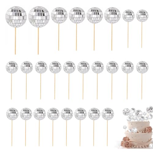 Discokugel Tortendeko, 26 Stück Discokugel Kuchen Toppers, Discokugel Deko, Cupcake Deko 1970S Disco Tortendeko für Geburtstags Disko Themenparty(3 Größen, Silberfarben) von lbxtswpl