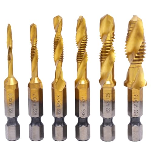 Lcyen 6 Stück Kombi Gewindebohrer Bit Satz 1/4'' HSS M3-M10, Schraube Sechskantschaft Senker Werkzeuge Bohrer Bit Set, Gewindebohrer aus HSS mit Sechskantschaft mit Titan-Beschichtung Lcyen 6 Stück Kombi Gewindebohrer Bit Satz 1/4'' HSS M3-M10, Schraube Sechskantschaft Senker Werkzeuge Bohrer Bit Set, Gewindebohrer aus HSS mit Sechskantschaft mit Titan-Beschichtung von lcyen