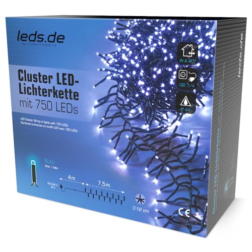 leds.de LED-Cluster Lichterkette blau, 750 LEDs, 7,5m I Weihnachtsbeleuchtung für außen I Umweltfreundliche Weihnachtsbaum Lichterkette I Büschellichterkette von leds.de by LUMITRONIX