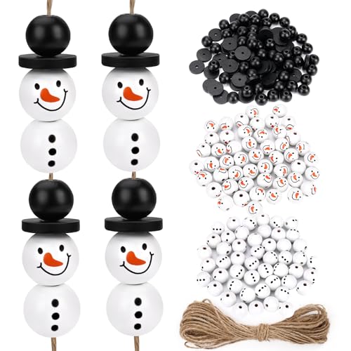 lefeindgdi 200 Natürliche Holzperlen für 50 Sets Schneemänner, 20mm Weihnachten Schneemann-Holzperlen mit 5m Hanfseil,Deko Weihnachten Holzperlen für DIY-Basteleien Winter Weihnachten Halloween von lefeindgdi