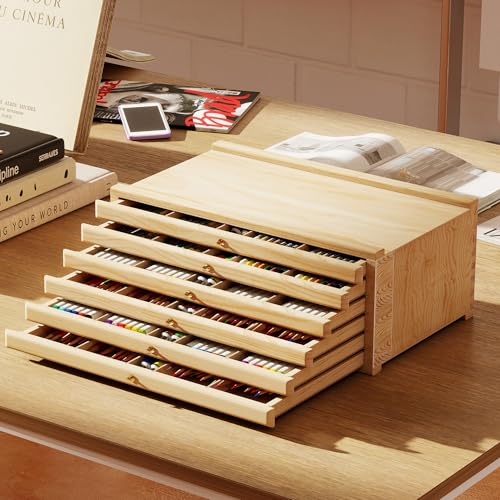 lesolar Aufbewahrungsbox für Künstler, 6 Schubladen, Buchenholz, mit herausnehmbaren Trennwänden, tragbarer Pinselhalter mit Schublade für Farben, Pastellfarben, Bleistifte, Pinsel und Kunstbedarf von lesolar