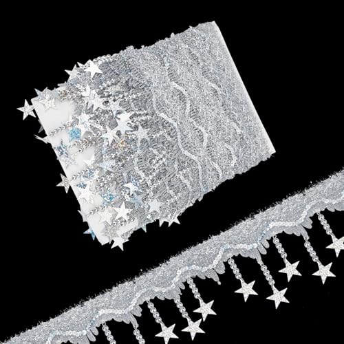 Letsinstyle 10 Yards Sterne Perlen Lange Fransen Aufnäherbesatz Fransenbesatz Mit Glitzerpailletten Funkelndes Silbernes Nähband Für Bastelarbeiten Und Vorhangdekoration Zu Hause von letsinstyle