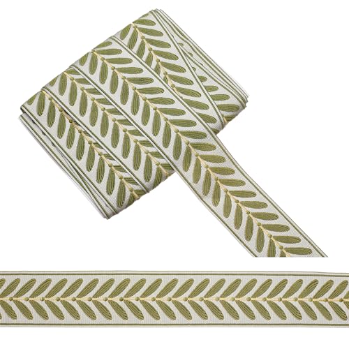 letsinstyle 10 Yards 2.36 Zoll Breites Jacquardband Mit Blättern Grüne Blätter Boho Jacquard Besticktes Band Polyesterbesatz Für DIY Bastelzubehör Verzierungen von letsinstyle