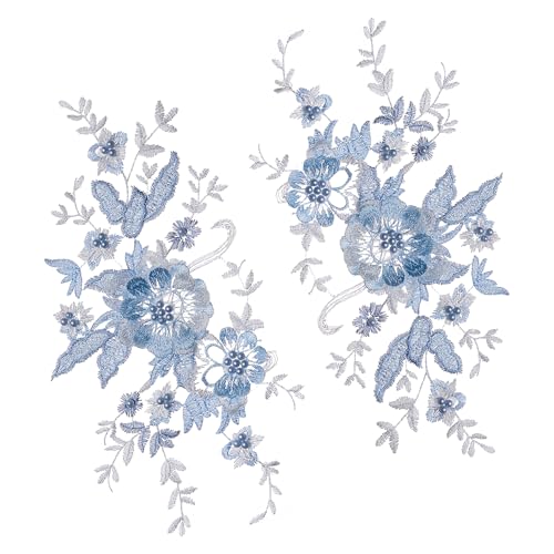 letsinstyle 2 PCS 3D Bestickte Perlen Blumenstoff Spitzenapplikation Perlen Aufnäher Blaue Applikationen Verzierungen Blumenaufnäher Für Hochzeitskleid Kleidung DIY Basteln von letsinstyle