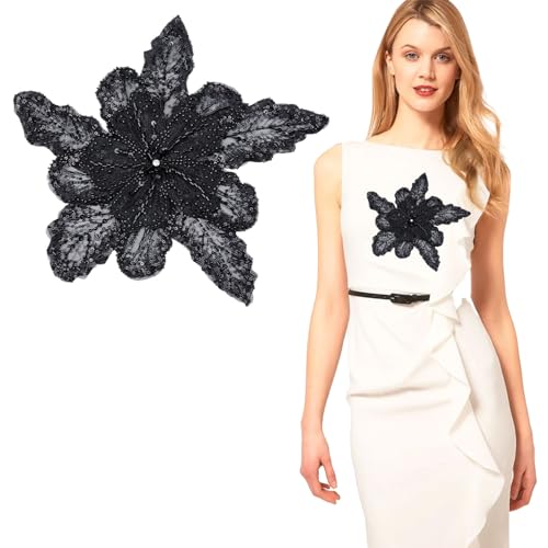 letsinstyle 3D Schwarze Pailletten Spitzenapplikationen Mit Perlen 11.8"X11" Spitzenaufnäher Mit Blumen Und Blattstickerei Und Strass Blumen Applikation Bestickter Aufnäher Für DIY Bastelprojekte von letsinstyle