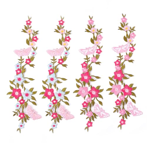 letsinstyle 4 Stück Blumenstickerei Spitzenapplikation Rosa Schmetterling Stoff Applikationen Floral Bestickt Eisen Auf Patches Verzierungen Patch Für Brautkleid Partykleid Kleidung Handwerk DIY von letsinstyle