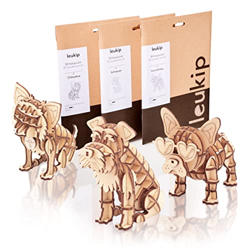 Leukip Original Modellbausatz aus Holz ⎥3er Set mit Hundefiguren ⎥Holzbausatz perfekt geeignet zum basteln oder verschenken⎥ Modellbau Holzpuzzle für Kinder und Erwachsene von leukip