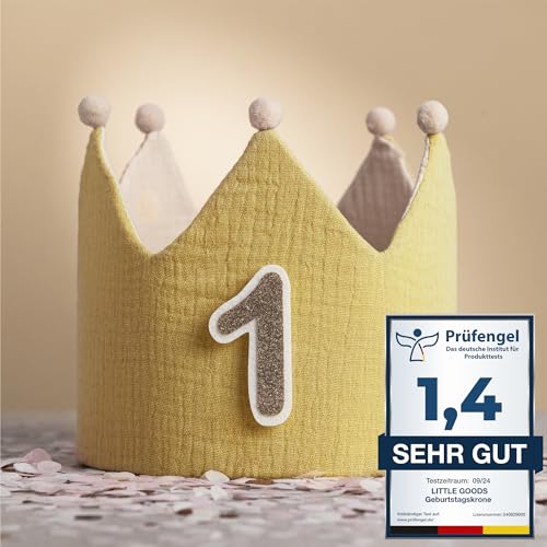 Little Goods Geburtstagskrone für Kinder - wendbare Musselin-Stoffkrone mit austauschbaren Zahlen 0-9 - Krone für Jungen und Mädchen, Pastell - gelb - Beige Little Goods Geburtstagskrone für Kinder - wendbare Musselin-Stoffkrone mit austauschbaren Zahlen 0-9 - Krone für Jungen und Mädchen, Pastell - gelb - Beige von lg LITTLE GOODS