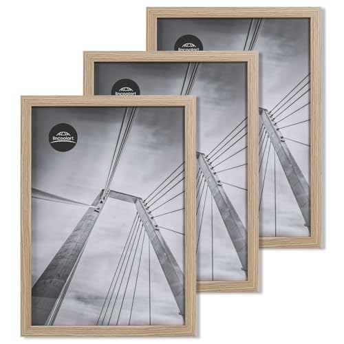 lincoolart bilderrahmen 40X60 cm natur Holz Fotorahmen, MDF Rahmen mit leinebruchsicheres Acrylglas, für Poster und Bilder,3er Set von lincoolart