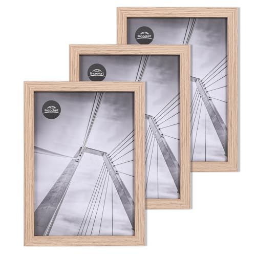 lincoolart bilderrahmen A4 natur Holz Fotorahmen,MDF DIN A4 Rahmen mit leinebruchsicheres Acrylglas, 3er Set von lincoolart